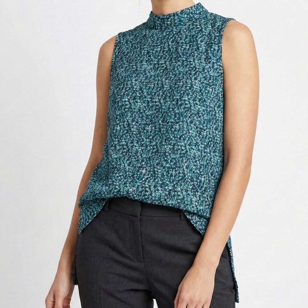 Prologue XXL Sleeveless Blouse Green Floral Pattern Mock Button Neck